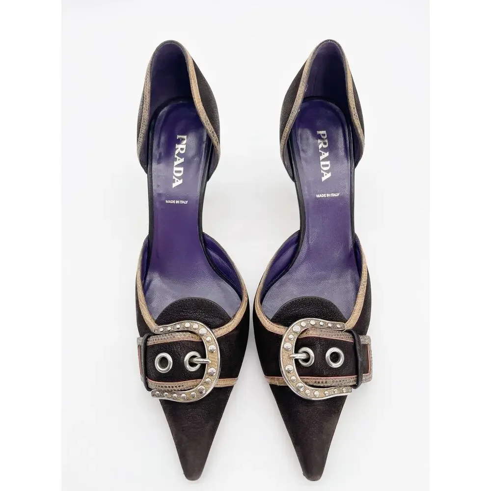 Prada Vintage Dark Brown Camel Nubuck Leather Buckle D'Orsay Pumps Heels IT 39.5
